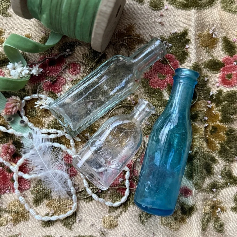 Set of 3 Antique Miniature Apothecary Azure Glass Bottles - Picture 3 of 12
